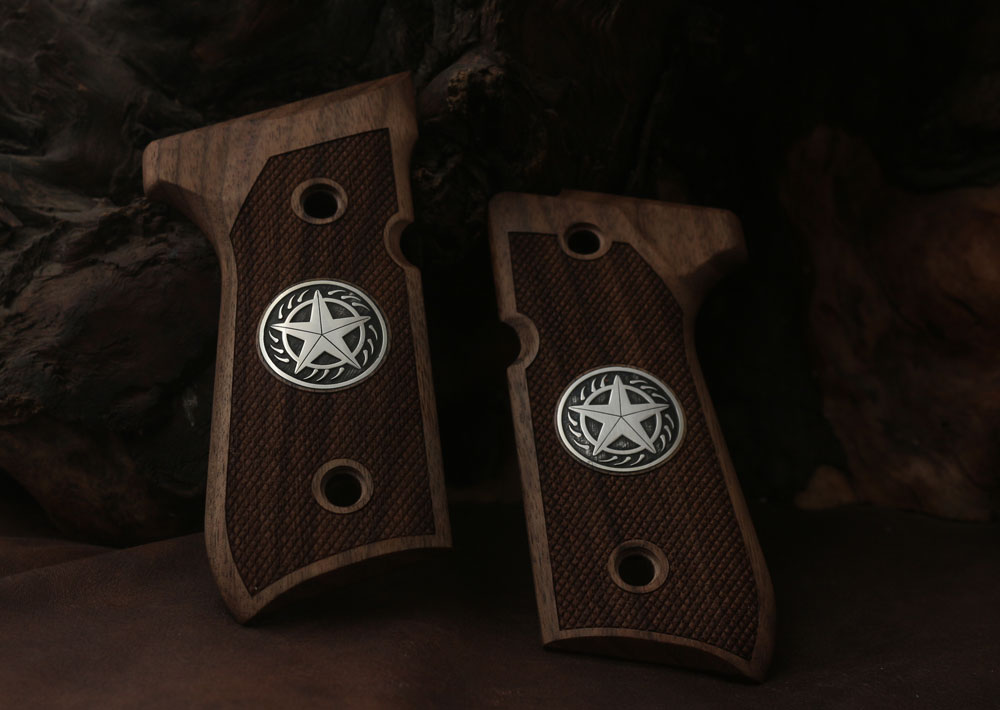 Beretta 92FS, 92, 92F, 92A1, 92FS INOX, 92G, 92D, 96, 96D, 96A1, M9, M9A1 Ceviz Ağacı Gümüş Logo 